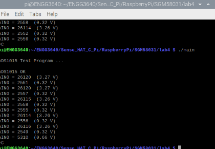 Linux Terminal showing ADC continuous voltage output readings