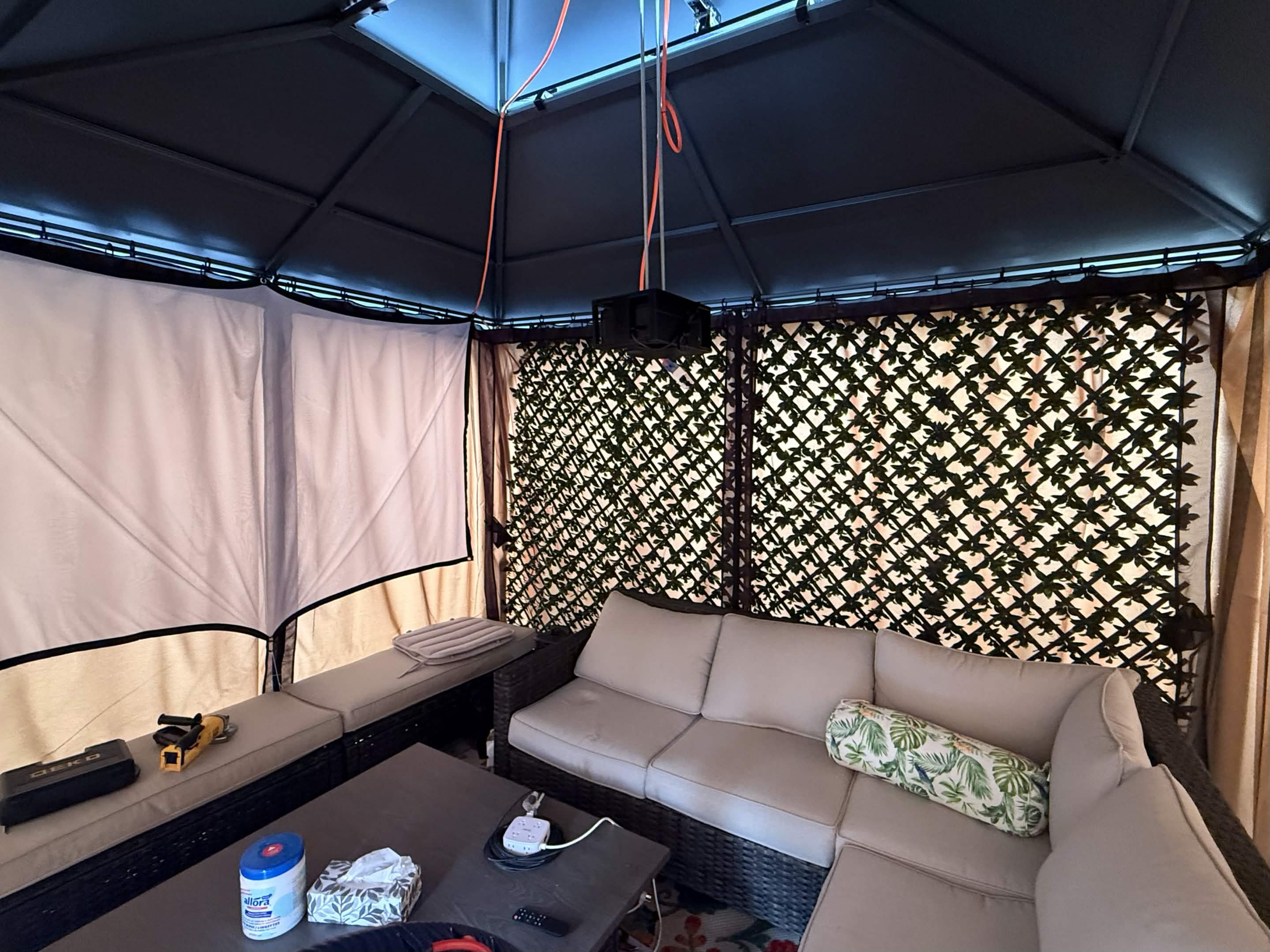 Inside of gazebo home theatre setup